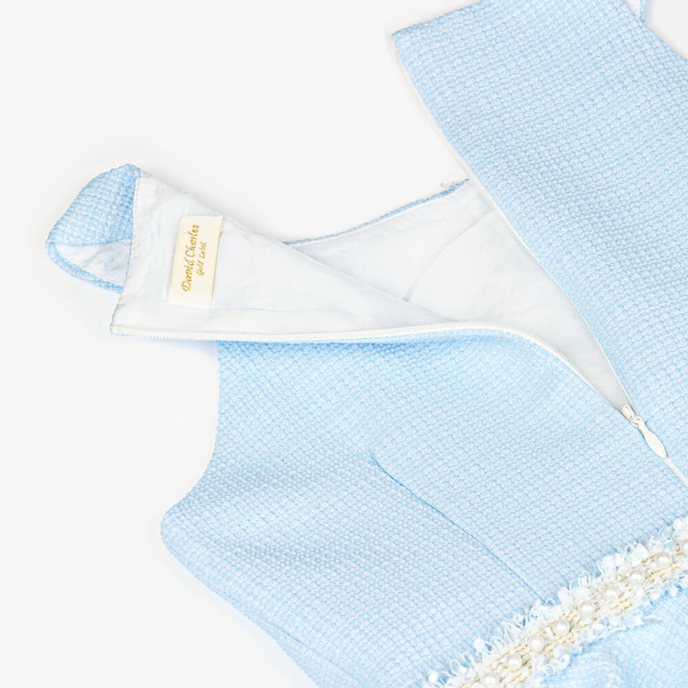 David Charles-Girls Blue Sleeveless Dress with Pearl Tweed Trim | Childrensalon
