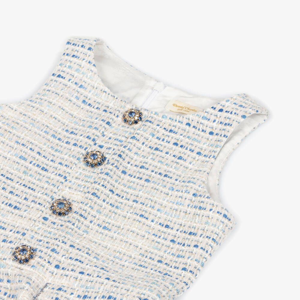 David Charles-Платье без рукавов бело-синее твидовое для девочек | Childrensalon