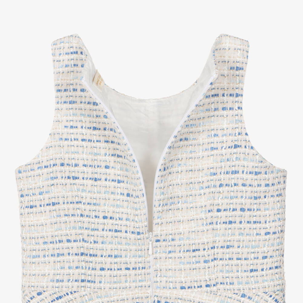 David Charles-Платье без рукавов бело-синее твидовое для девочек | Childrensalon