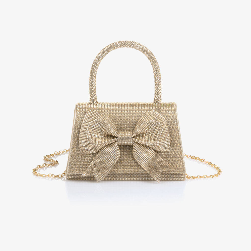 David Charles-Girls Gold Diamanté Bow Bag (18cm) | Childrensalon