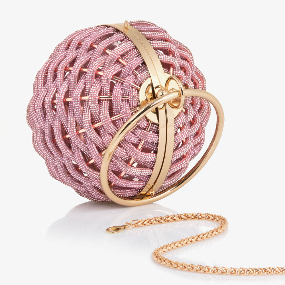 David Charles-Girls Gold & Pink Diamanté Basket Weave Ball Handbag (20cm) | Childrensalon
