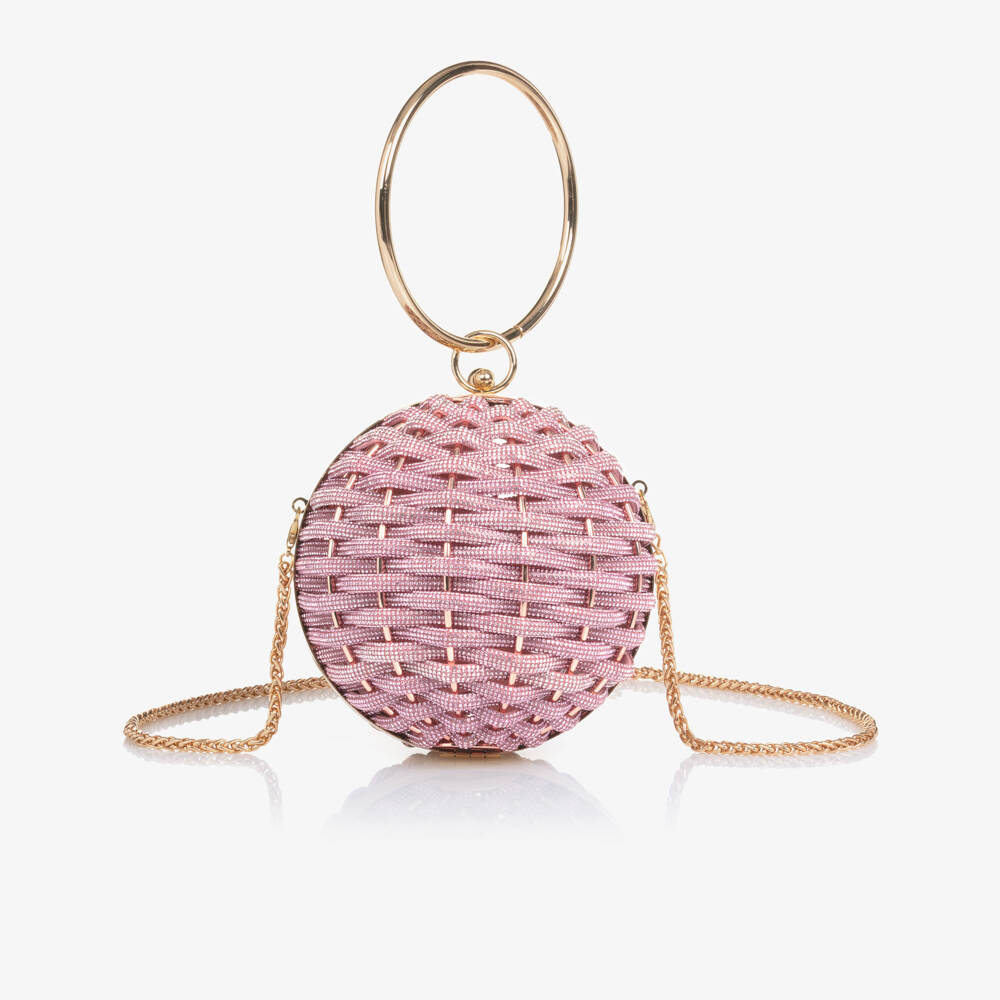 David Charles-Girls Gold & Pink Diamanté Basket Weave Ball Handbag (20cm) | Childrensalon