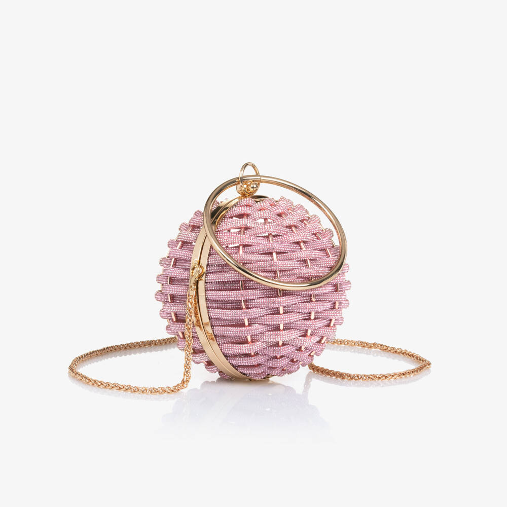 David Charles-Girls Gold & Pink Diamanté Basket Weave Ball Handbag (20cm) | Childrensalon