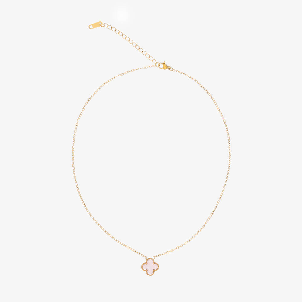 David Charles-Girls Gold Tone & Pink Clover Necklace (46cm) | Childrensalon