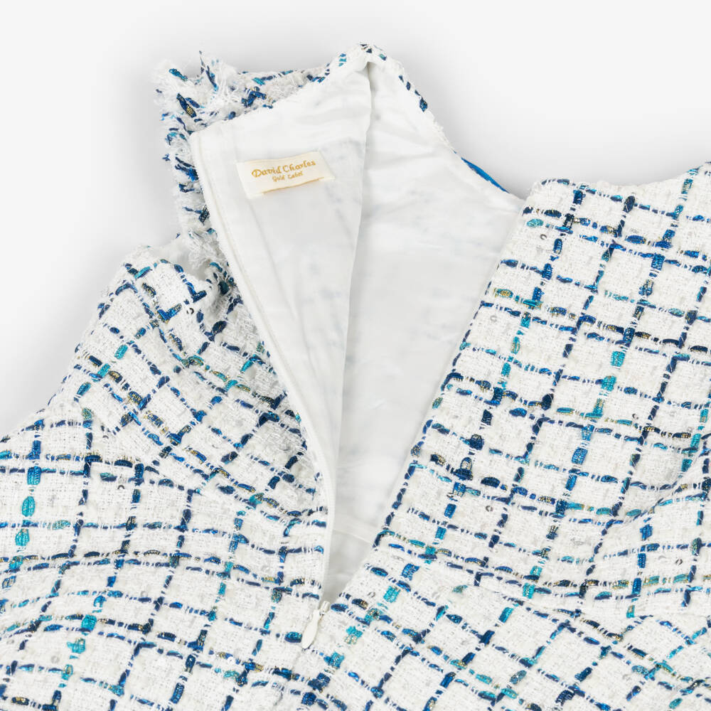 David Charles-فستان تويد مزين بالترتر لون أزرق وعاجي للبنات | Childrensalon