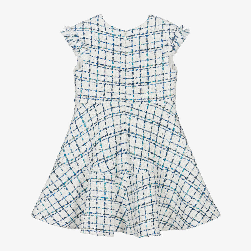 David Charles-فستان تويد مزين بالترتر لون أزرق وعاجي للبنات | Childrensalon