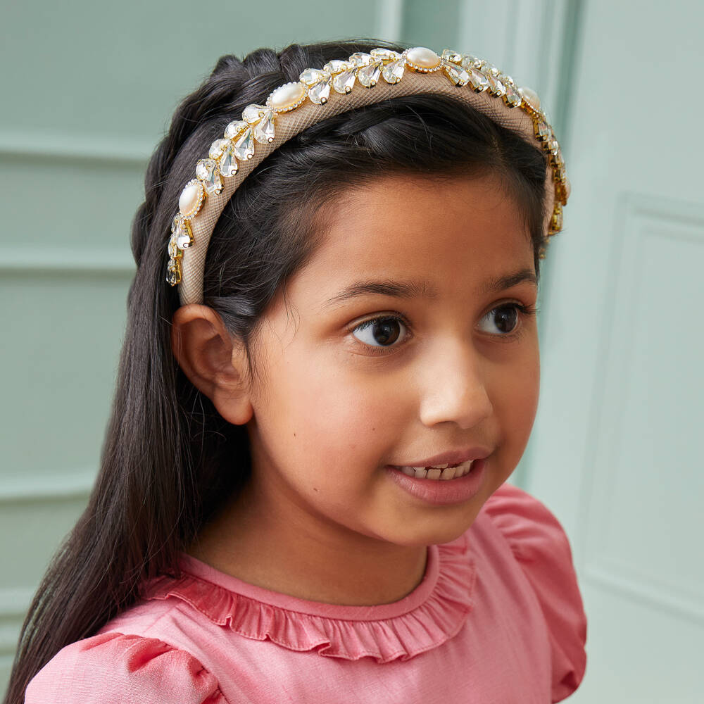 David Charles-Girls Ivory Crystal & Pearl Bead Padded Hairband | Childrensalon