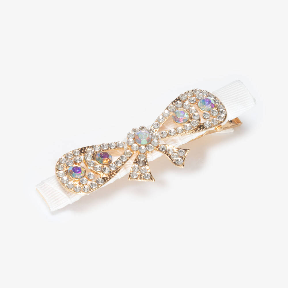 David Charles-Girls Ivory & Diamanté Bow Hair Clip (8cm) | Childrensalon