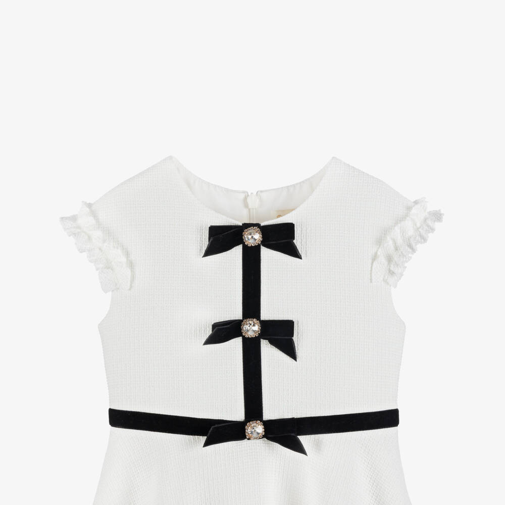 David Charles-Girls Ivory Dress with Black Velvet Bows | Childrensalon