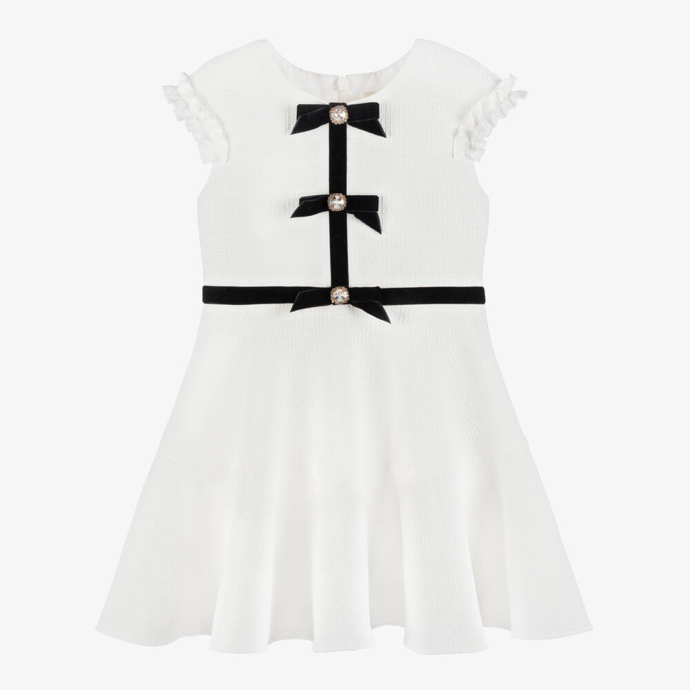 David Charles-Girls Ivory Dress with Black Velvet Bows | Childrensalon