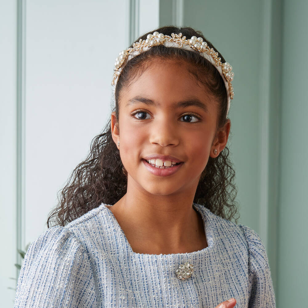 David Charles-Girls Ivory & Gold Flower Hairband with Pearls & Crystals | Childrensalon