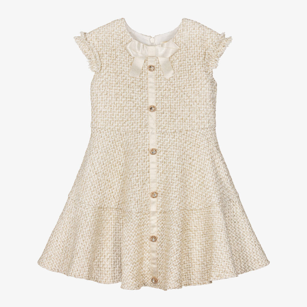 David Charles-Платье кремовое твидовое с золотыми пуговицами для девочек | Childrensalon