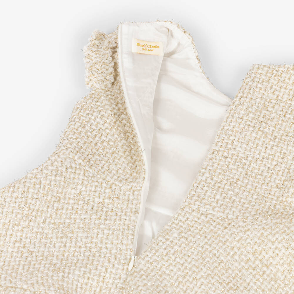 David Charles-فستان تويد مزين بأزرار لون عاجي وذهبي للبنات | Childrensalon