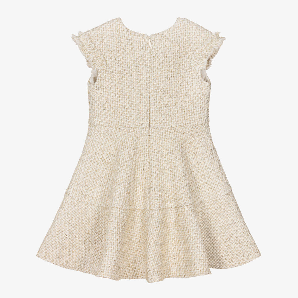 David Charles-فستان تويد مزين بأزرار لون عاجي وذهبي للبنات | Childrensalon