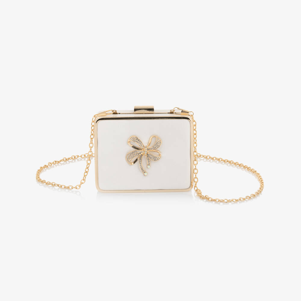 David Charles-Girls Ivory & Gold Satin Shoulder Bag  with Diamanté Bow (12cm) | Childrensalon