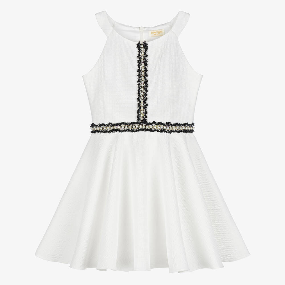 David Charles-Girls Ivory Sleeveless Dress with Pearl Tweed Trim | Childrensalon