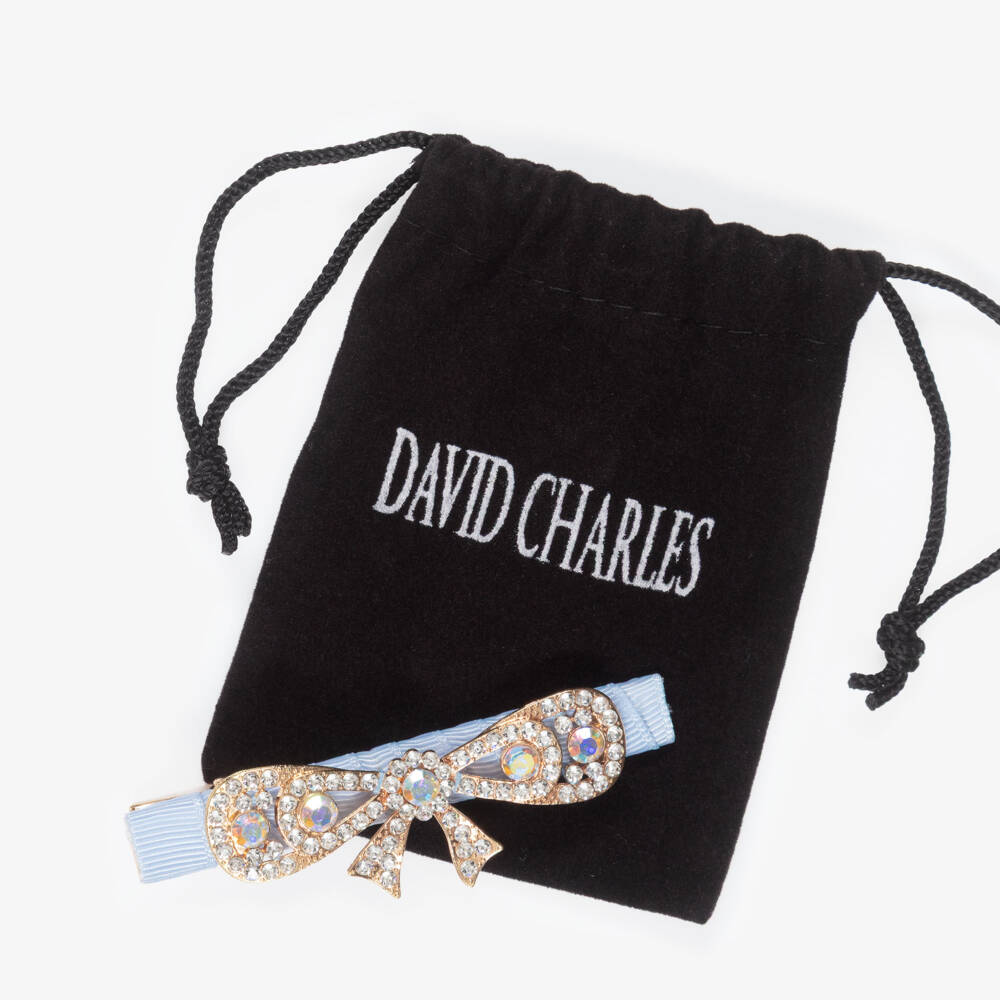 David Charles-Girls Pale Blue & Diamanté Bow Hair Clip (8cm) | Childrensalon