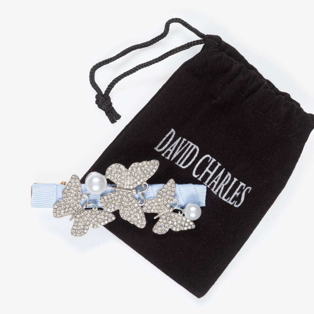 David Charles-Girls Pale Blue & Diamanté Butterfly Hair Clip (8cm) | Childrensalon