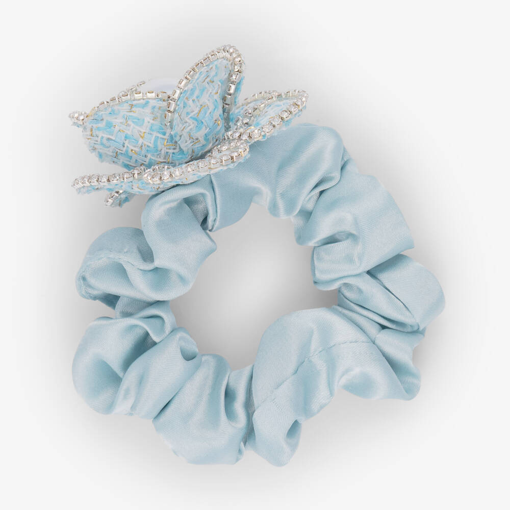 David Charles-Girls Pale Blue Satin & Diamanté Flower Hair Elastic (6cm) | Childrensalon
