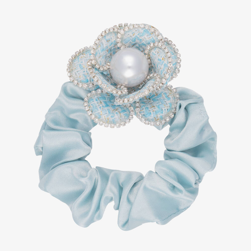 David Charles-Girls Pale Blue Satin & Diamanté Flower Hair Elastic (6cm) | Childrensalon