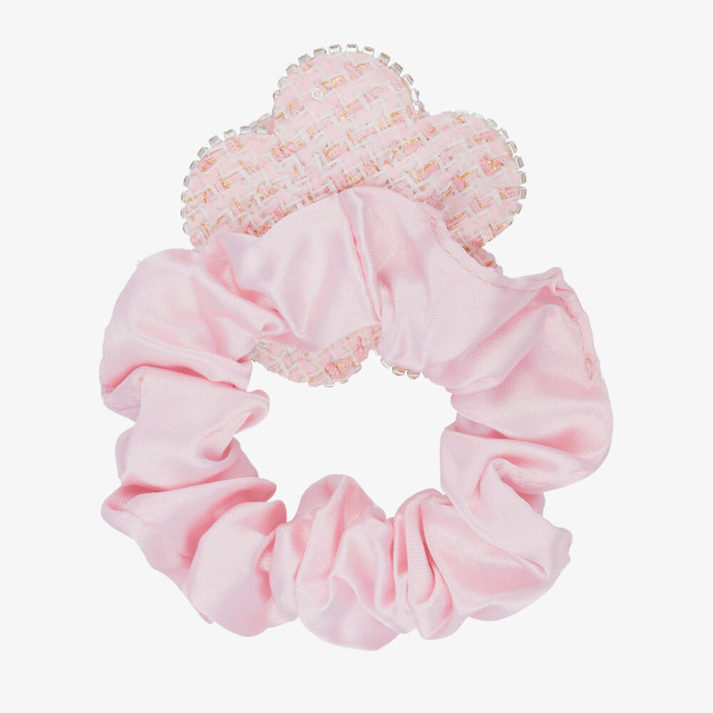 David Charles-Girls Pale Pink Satin & Diamanté Flower Hair Elastic (6cm) | Childrensalon