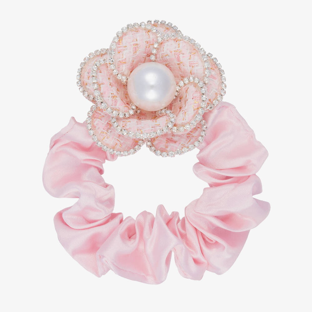 David Charles-Girls Pale Pink Satin & Diamanté Flower Hair Elastic (6cm) | Childrensalon