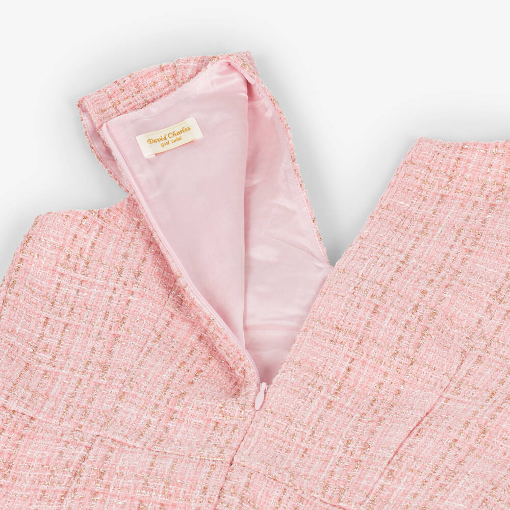 David Charles-Платье розовое твидовое с золотыми стразами на бантиках для девочек | Childrensalon