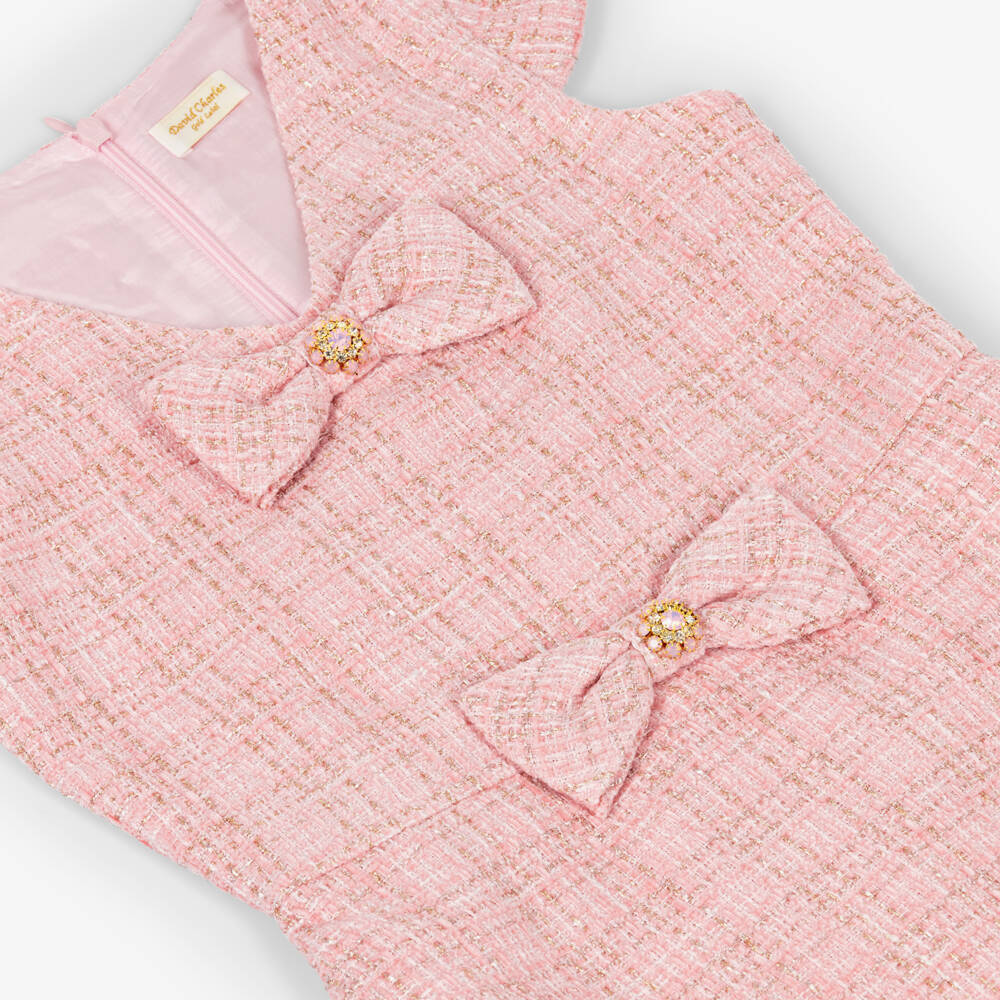 David Charles-Платье розовое твидовое с золотыми стразами на бантиках для девочек | Childrensalon