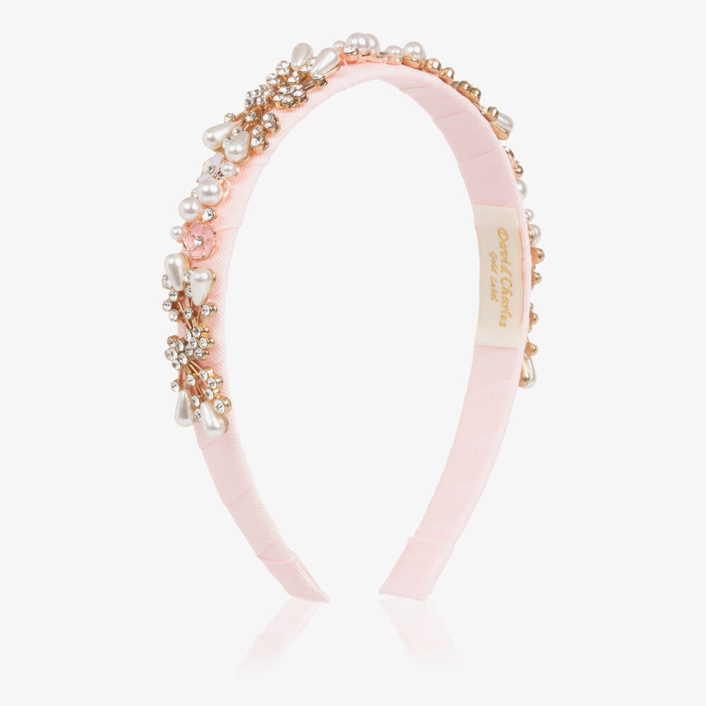 David Charles-Ободок розовый с кристаллами и жемчужинами для девочек | Childrensalon