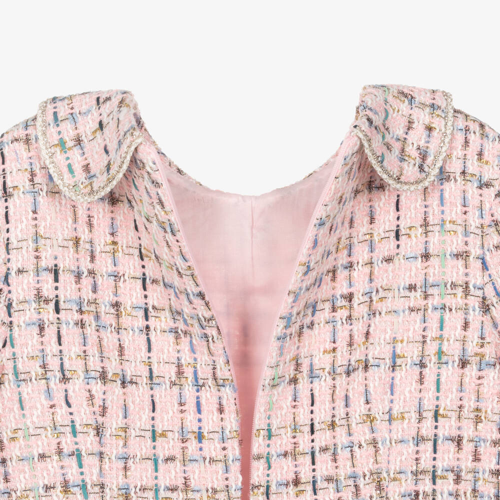David Charles-Платье розовое твидовое с пуговицами из жемчуга и страз для девочек | Childrensalon