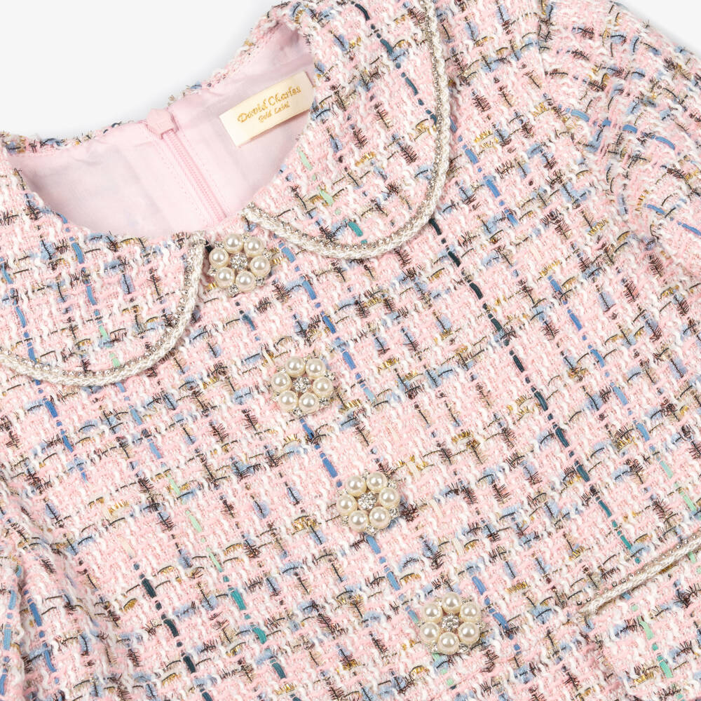 David Charles-Платье розовое твидовое с пуговицами из жемчуга и страз для девочек | Childrensalon