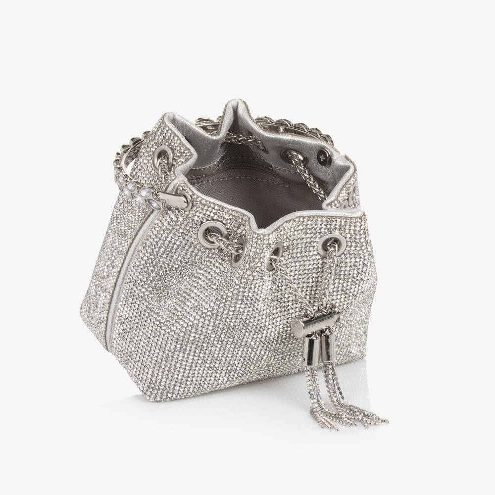 David Charles-Girls Silver Diamanté Bucket Bag (15cm) | Childrensalon