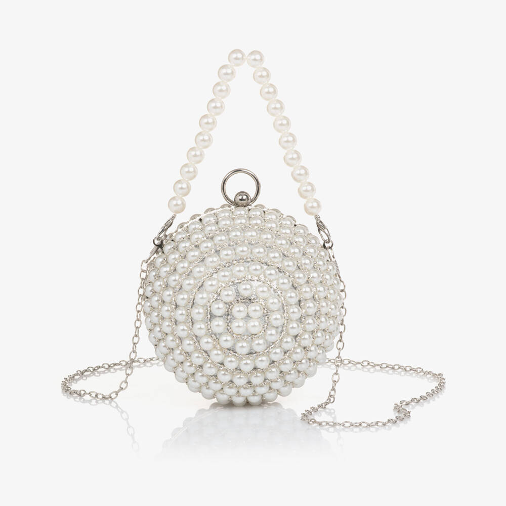 David Charles-Girls Silver Diamanté & Pearl Ball Handbag (16cm) | Childrensalon