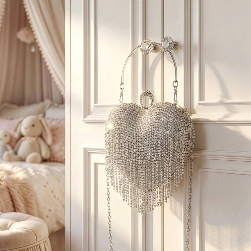David Charles-Girls Silver Rhinestone Tassel Heart Bag (18cm) | Childrensalon