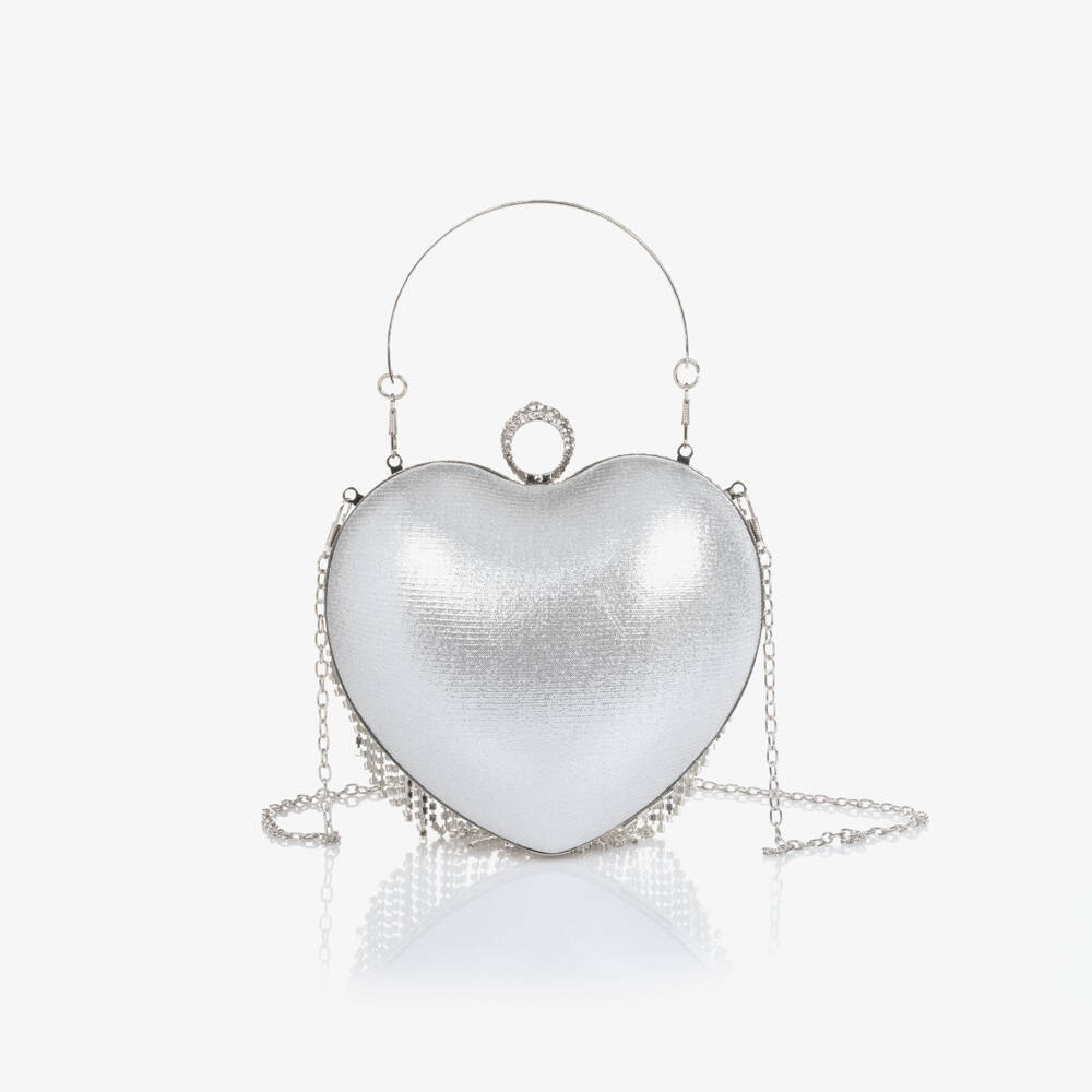 David Charles-Girls Silver Rhinestone Tassel Heart Bag (18cm) | Childrensalon