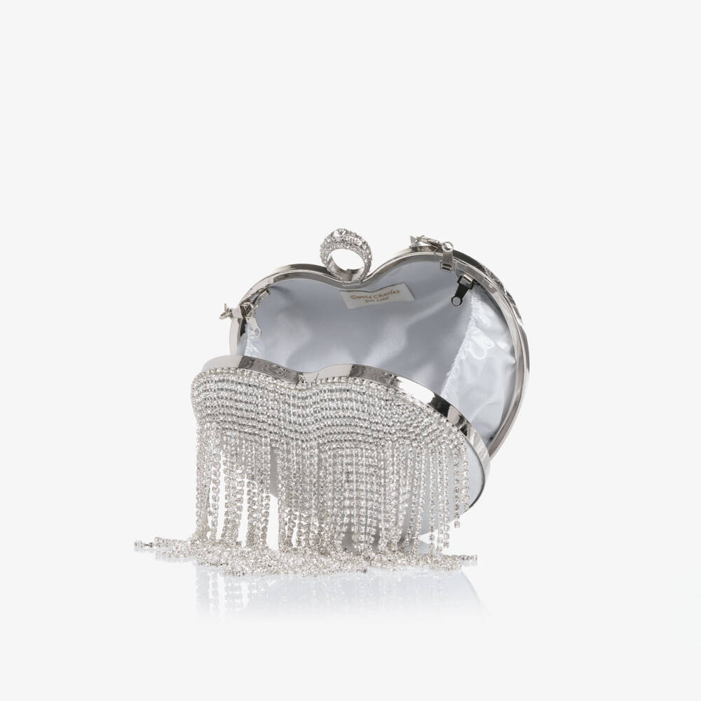 David Charles-Girls Silver Rhinestone Tassel Heart Bag (18cm) | Childrensalon