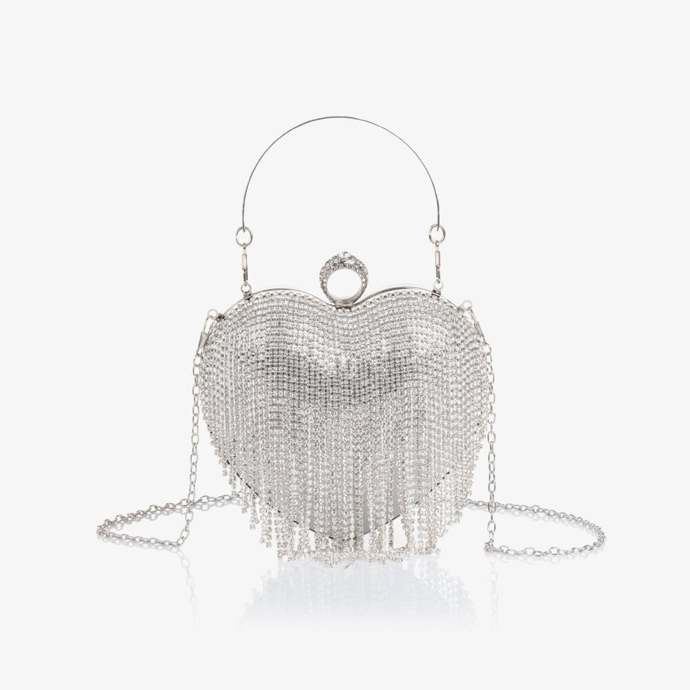 David Charles-Girls Silver Rhinestone Tassel Heart Bag (18cm) | Childrensalon