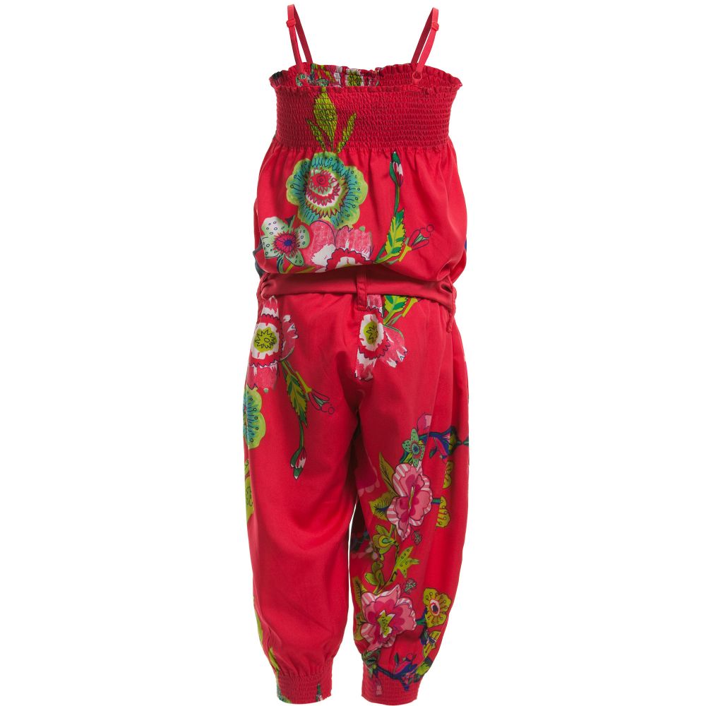 Desigual-Girls Pink Silky Satin Floral Jumpsuit | Childrensalon