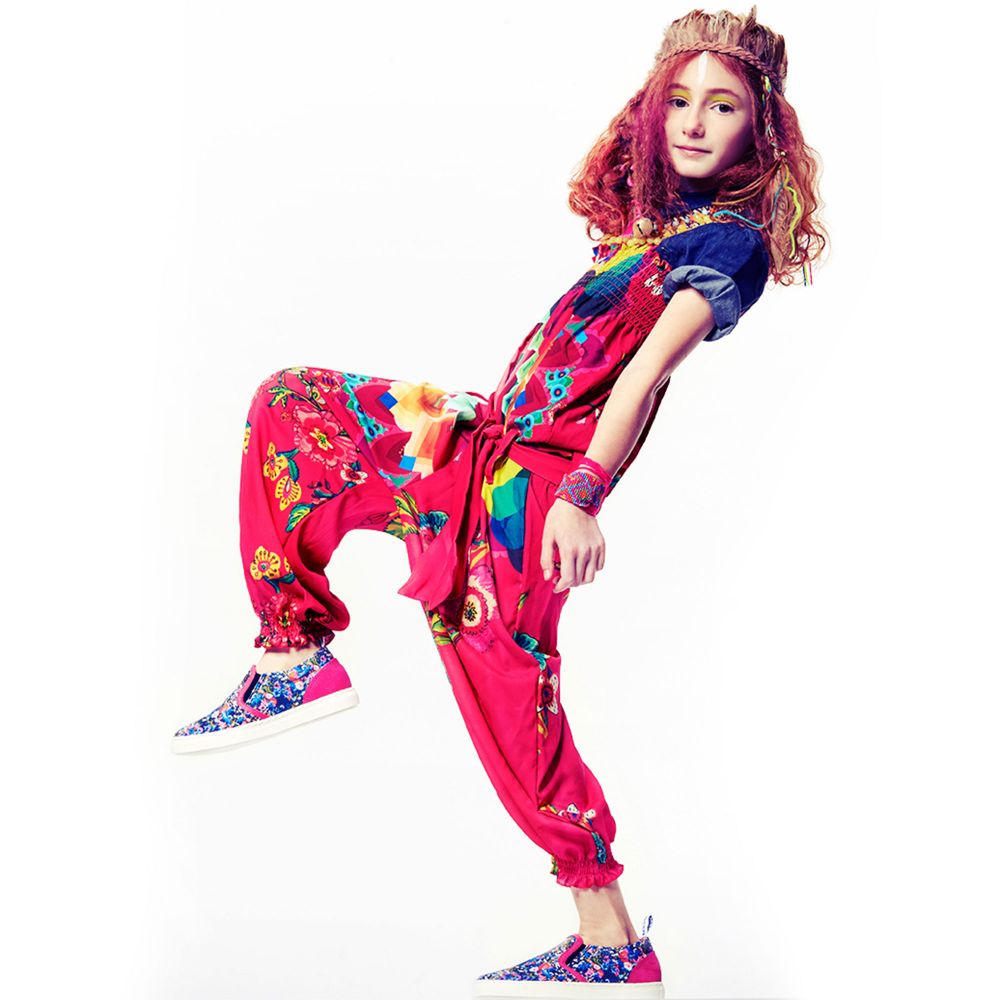 Desigual-Girls Pink Silky Satin Floral Jumpsuit | Childrensalon
