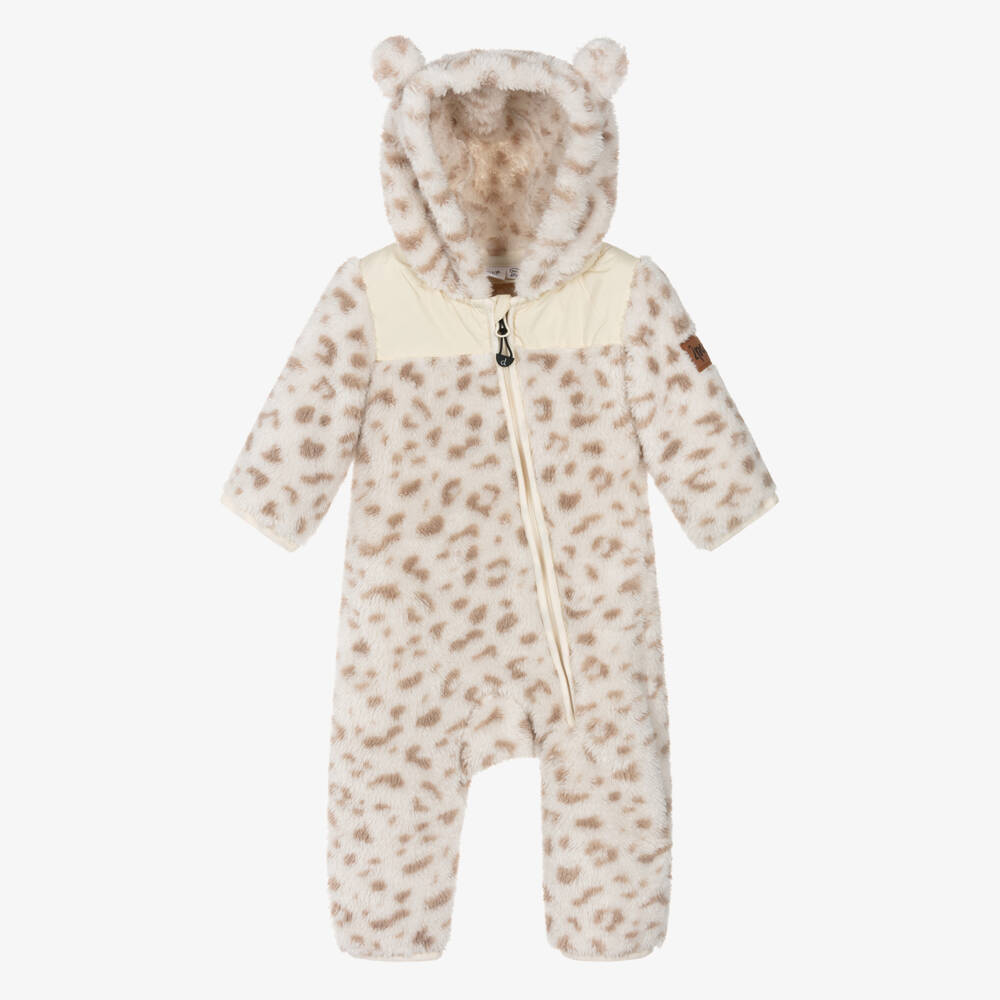 Deux par Deux-Baby Girls Beige & Ivory Leopard Print Plush Pramsuit | Childrensalon