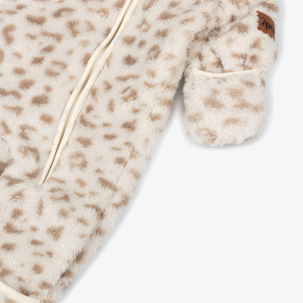 Deux par Deux-Baby Girls Beige & Ivory Leopard Print Plush Pramsuit | Childrensalon