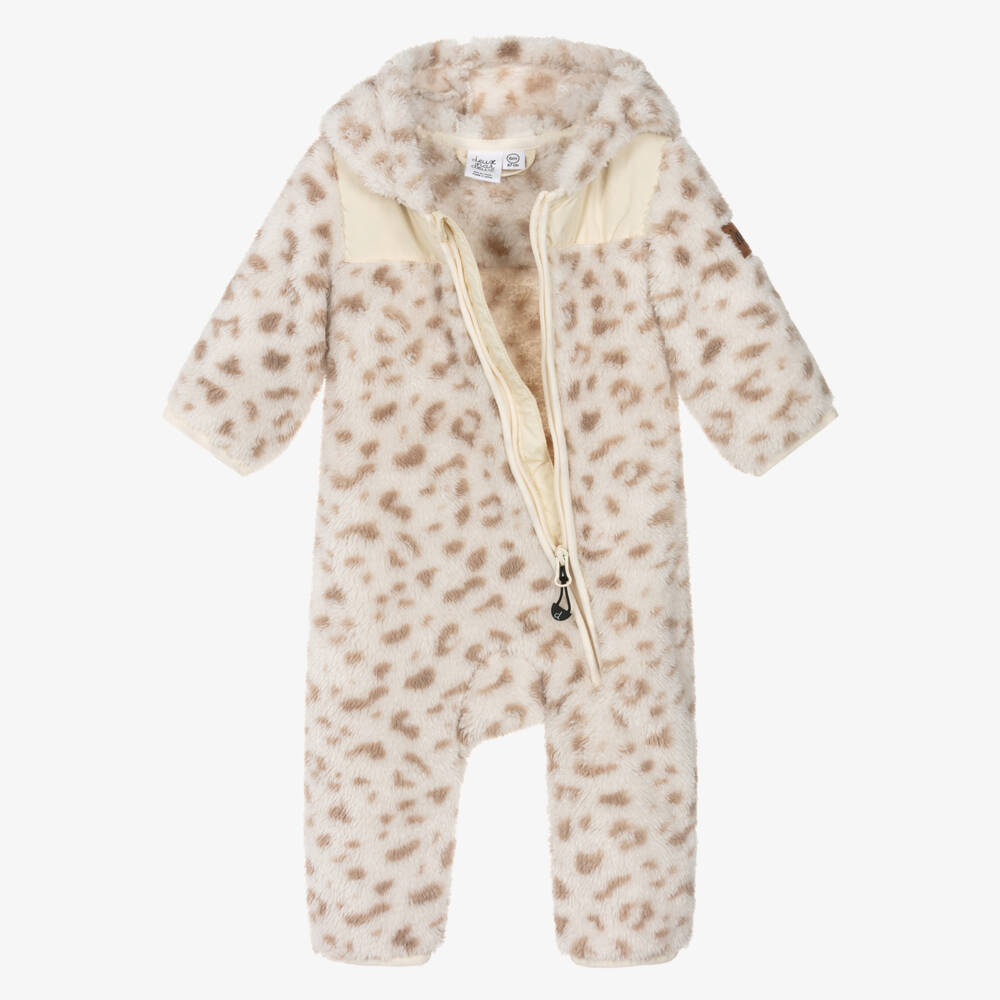 Deux par Deux-Baby Girls Beige & Ivory Leopard Print Plush Pramsuit | Childrensalon