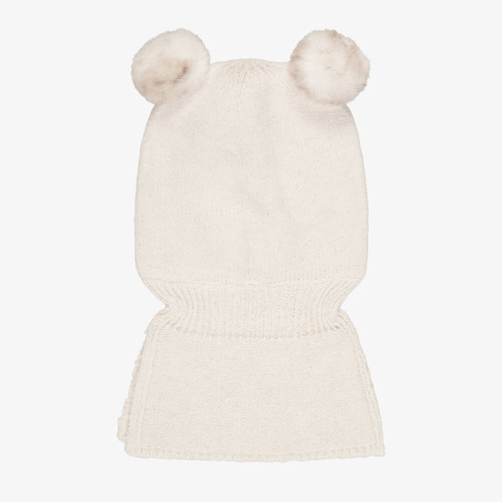 Deux par Deux-Baby Girls Ivory Knitted Pom-Pom Balaclava | Childrensalon
