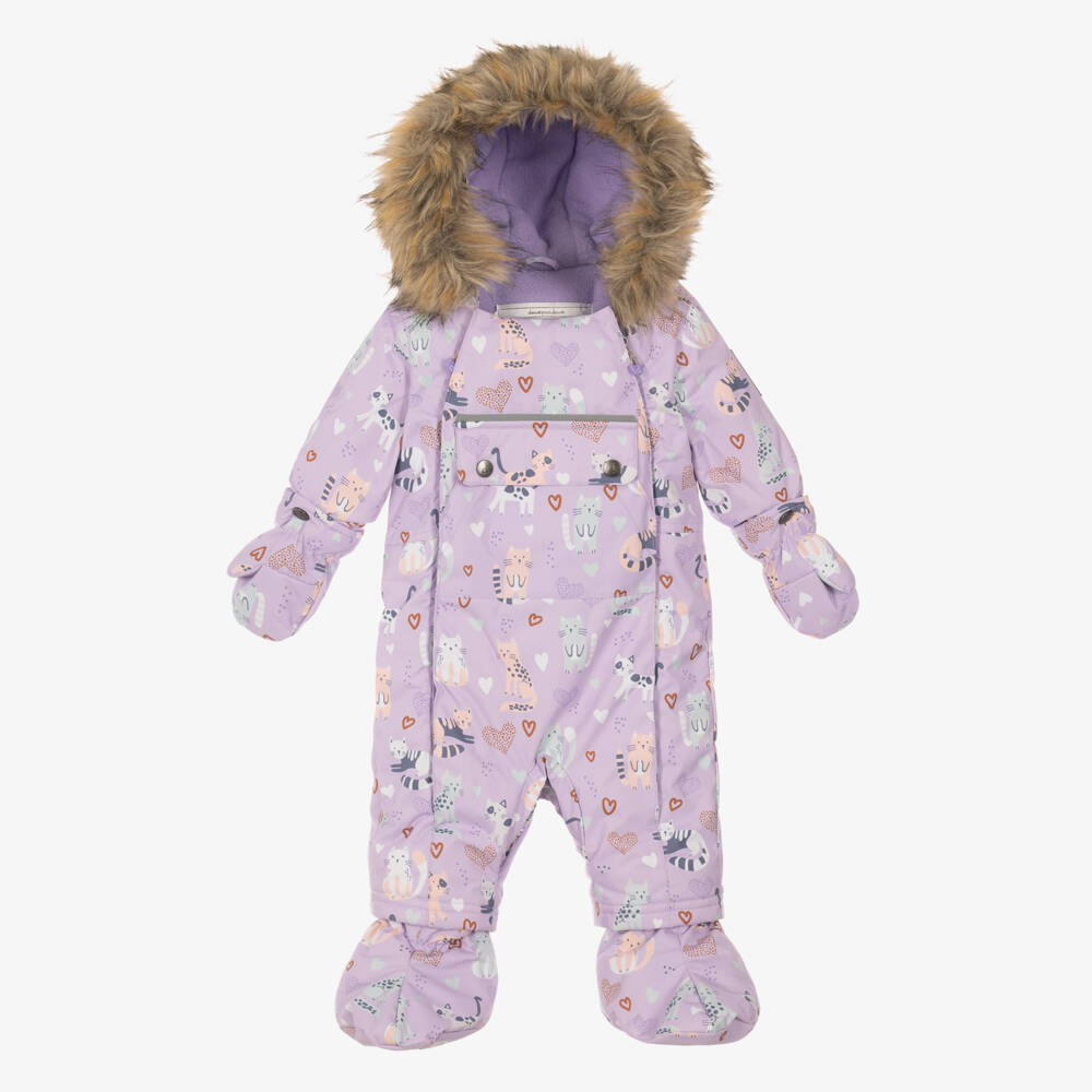 Deux par Deux-Baby Girls Lilac Cat Print Technical Snowsuit  | Childrensalon