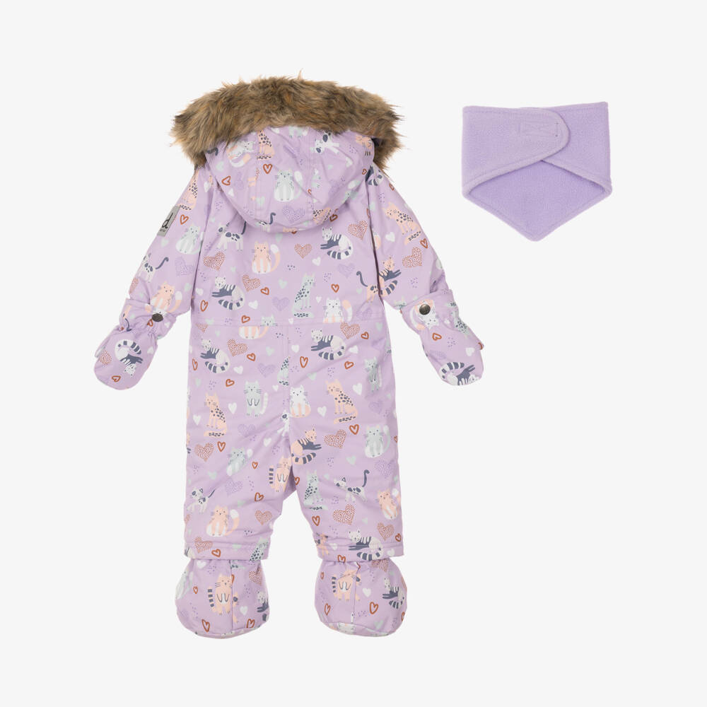 Deux par Deux-Baby Girls Lilac Cat Print Technical Snowsuit | Childrensalon