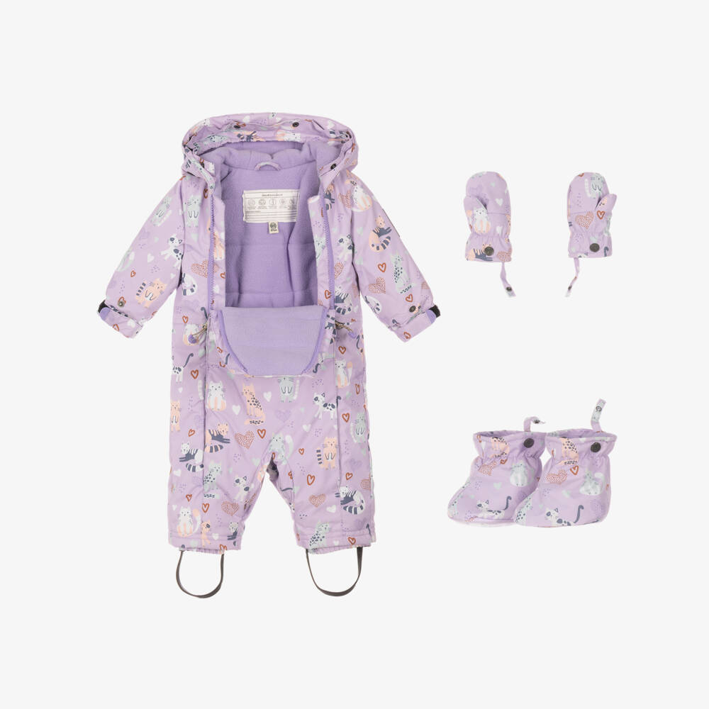 Deux par Deux-Baby Girls Lilac Cat Print Technical Snowsuit | Childrensalon