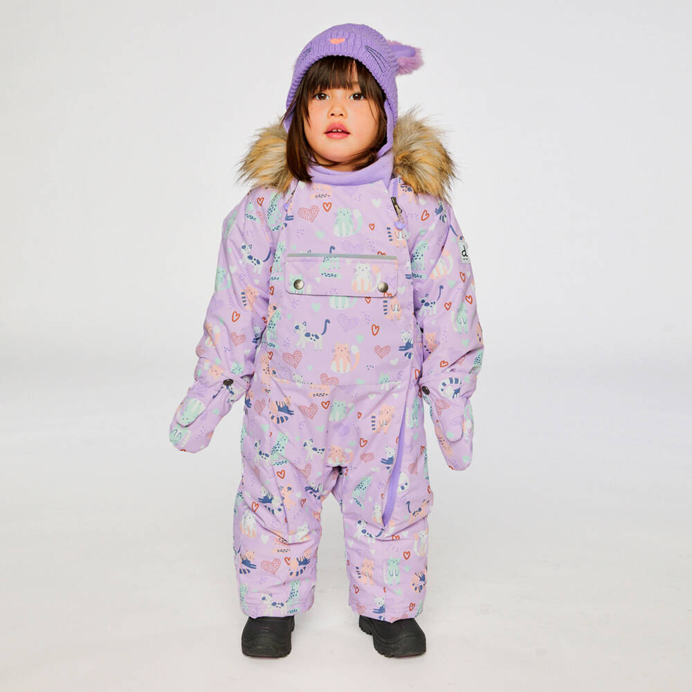 Deux par Deux-Baby Girls Lilac Cat Print Technical Snowsuit | Childrensalon