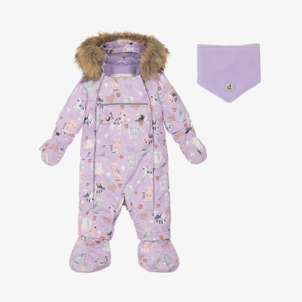 Deux par Deux-Baby Girls Lilac Cat Print Technical Snowsuit | Childrensalon