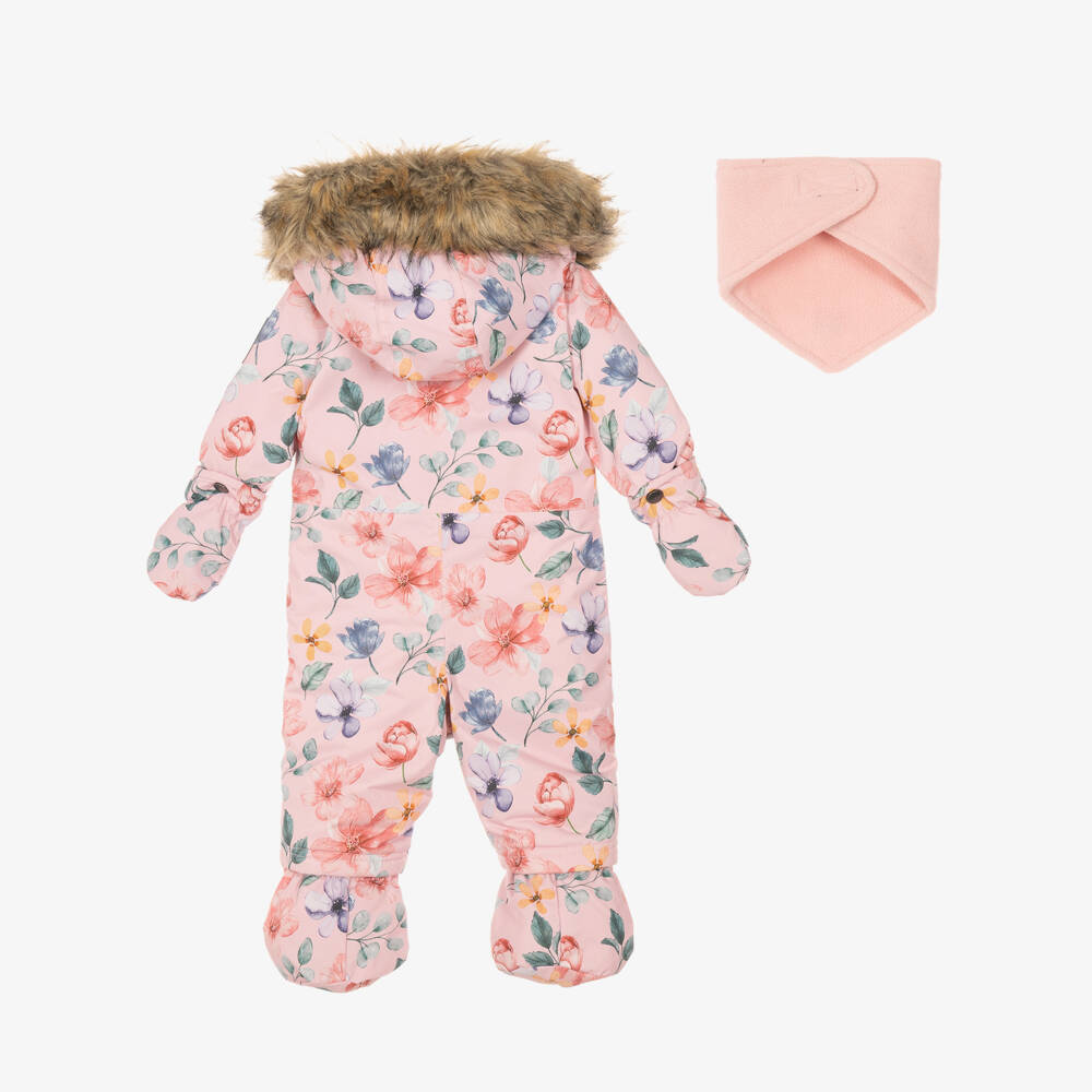 Deux par Deux-Baby Girls Pink Floral Print Technical Snowsuit | Childrensalon