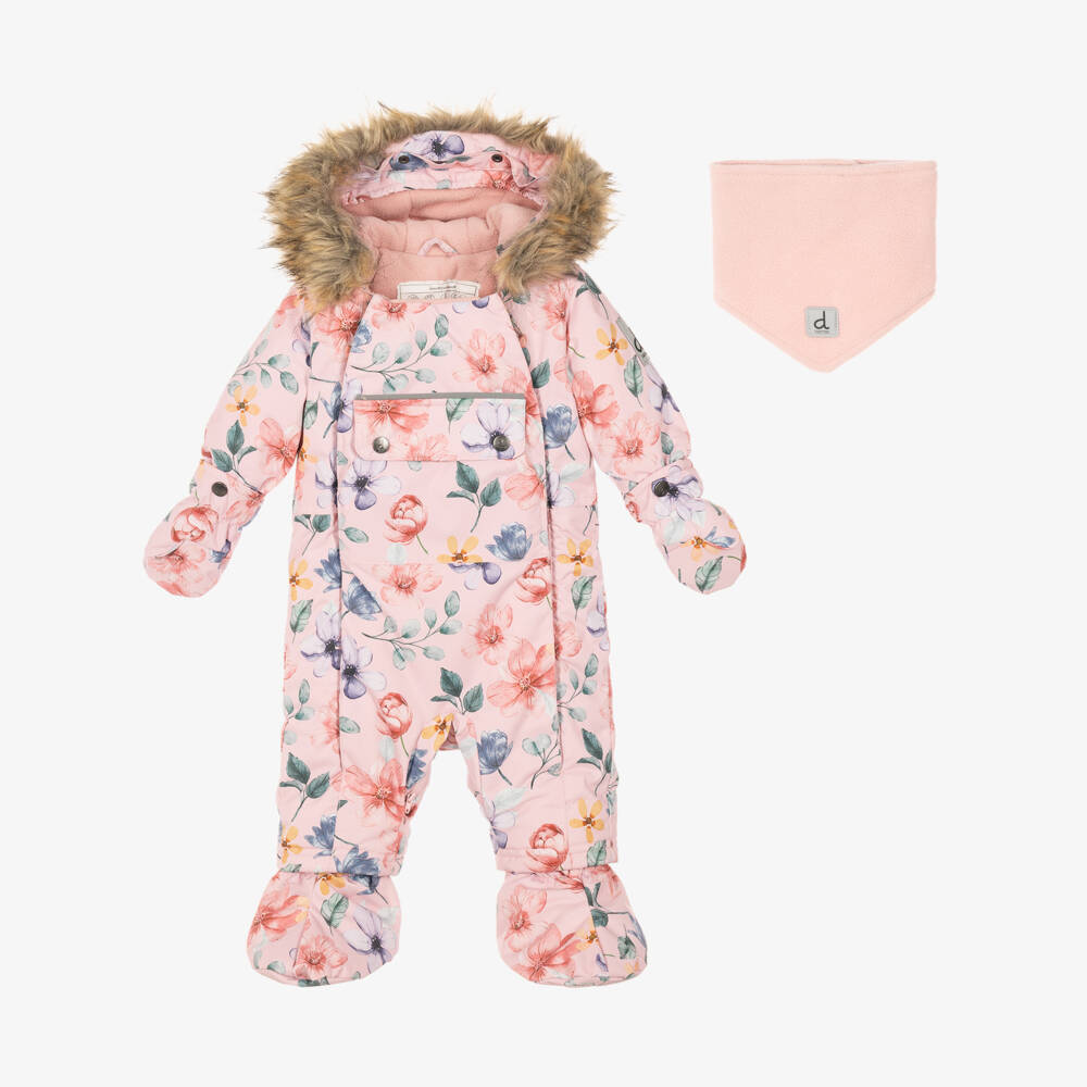Deux par Deux-Baby Girls Pink Floral Print Technical Snowsuit | Childrensalon
